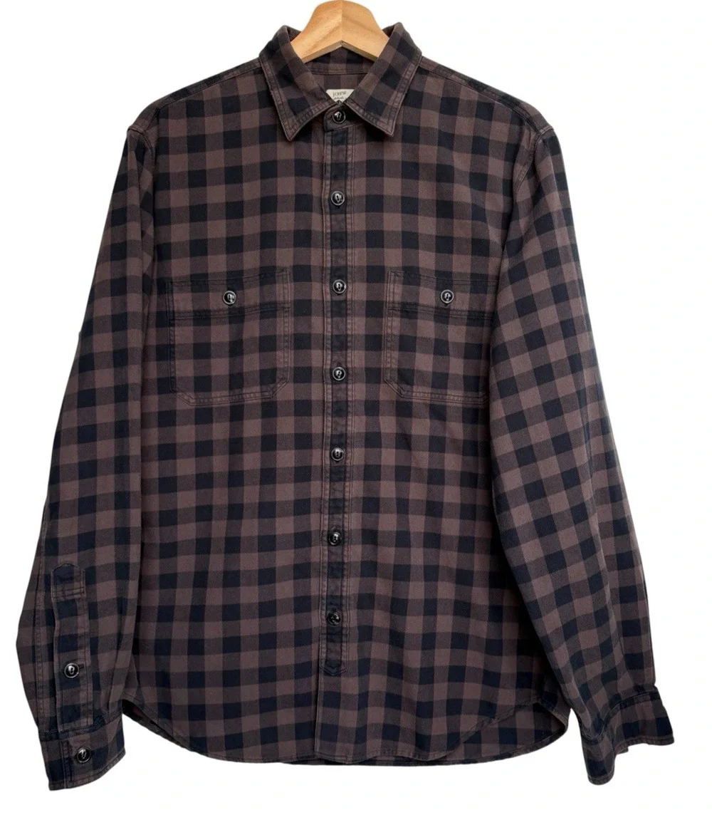 J CREW Buffalo Plaid Cotton Flannel Shirt Brown Black Button Up‎ Mens M Casual